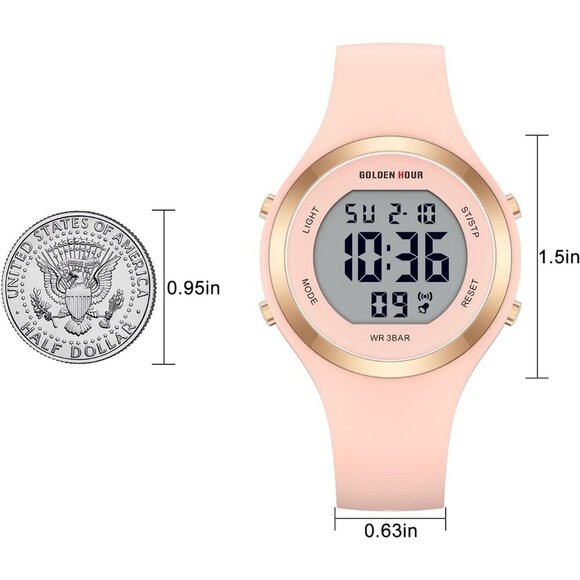 Women Pink Silicone Digital Sports Gold Bezel Water-Resistant Alarm Stopwatch